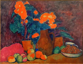 Stilleben med blomster, frukt og flaske