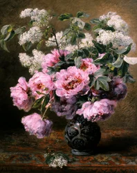 Stilleben av sommerblomster med peoner og syriner. Maleri av Alexis Kreyder (1839–1912). Privat samling.