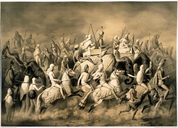Maharaja Sher Singh fra Punjab og hans følge er på jakt, illustrasjon fra "Travels In India Under The Years"