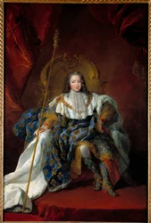 Portrett av Ludvig XV (1710-1774) som barn på tronen, iført kroningsdrakt og med kroningsinsignier, 1723. Mål: 2,26 x 1,8 m