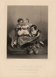 Jarl av Dalkeith (William Henry), Henry John og Walter Charles Scott Douglas, sønn av den 5. hertugen av Buccleuch, 7. hertug av Queensberry. To sønner bærer tartankjoler med bånd, med den yngste i panser og satengkjole. Stålgravering av H. Cook a