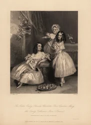 Portrett av Emily Blanche Charlotte, Rose Caroline og Emily Catherine Anne Somerset, døtre til Henry Somerset, 7. hertug av Beaufort. Tre unge søstre med ringlets i satengkjoler med bånd og blonder, ballettsko. Stålgravering av J. Thomson a