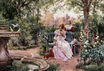 Hennes Frues kjæledyr. To unge jenter i en blomsterhage med en hund nær en fontene med duer. Maleri av Alfred Augustus I Glendening (britisk 1861–1903). Prerafaelittisk kunst. Privat samling.