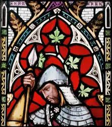 En soldat som lytter til John The Baptist Preaching, detalj fra østvinduet, 1857 (farget glass)