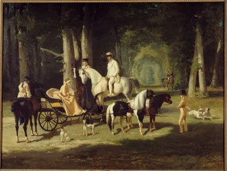 Herr og fru A. Mosselman og deres to døtre går gjennom skogen på hesteryggen. Maleri av Alfred de Dreux (1810-1860) 1848 Søn. 2x2,65 m Paris, museum for Petite Palais