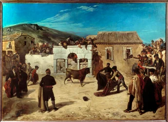 Novillada har Escurial Scene for tyrefekting mellom unge okser og unge tyrefektere i Spania. Maleri av Alfred Dehodencq (1822-1882) 1850 Søn. 1,49x2,08 m Pau, Museum of Fine Arts