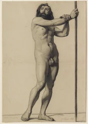 Studie av akademisk figur: naken mann som holder en stab, 1844
