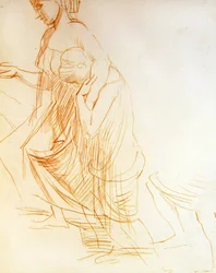 Studie av to figurer, en stående og en knelende, ca. 1850 (rødt kritt på papir) (se 366413 for verso)