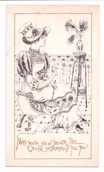 Viktoriansk nyttårskort med en estet som beundrer en vase med påfuglfjær, ca. 1881