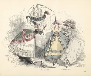 Kvinne iført et slagskip i puffhodeplagget hennes, kong Louis XIVs tid