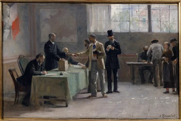 Allmenn stemmerett: Et valglokale i 1889. Skisse av Alfred Bramtot (1852-1894), 1889