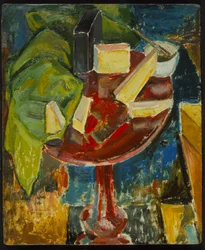 Red Table Top Still Life, ca. 1919 (recto of 372405) (olje på gessoed-brett)