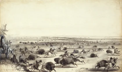En "surround" av Buffalo av indianere, ca. 1858 (vask på papir)