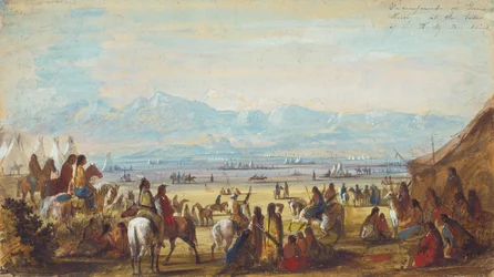 Leir ved Green River ved bunnen av Rocky Mountains, ca. 1837 (blyant, akvarell og gouache på papir)