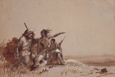Kansas-indianer som ved tegn forteller en pelsjeger om bisonens vandring, ca. 1837