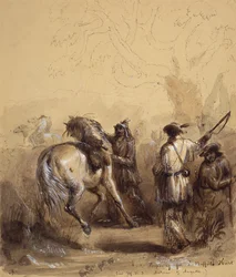 Sir W.D.S., Antoine og Auguste eller forbereder seg på en bøffeljakt, ca. 1837 (penn og blekk, vask og gouache på papir)