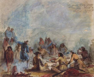 Soloppgang, fangstmenn og reisende ved måltidene deres av Buffalo Hump Rib, ca. 1837 (akvarell på papir)