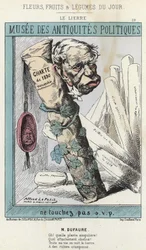 The Ivy: Cartoon on Jules Armand (Jules-Armand) Dufaure (1798-1881) i eføy rundt en papirrull med "Charter of 1830" skrevet på den og et segl med hodet til kong Louis Philippe 1. - jeg vil. av 04/03/1871 i ” Blomster, frukt og grønnsaker fra