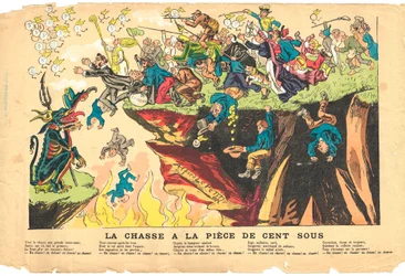 flygende blad, Satirical in Colors, ca. 1878: Jakt på hundre understykker - Sølv - Djevel, Cures Illustrasjon av Alfred Le Pete (1841-1909)