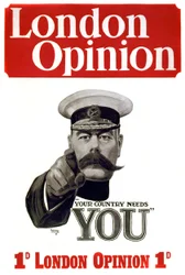 Første verdenskrig: plakat for rekruttering av britiske soldater: kommandør lord Horatio Herbert Kitchener av Khartoum (1850-1916), britisk soldat og statsmann, peker på mulige rekrutter: «Landet trenger deg». Tegning av Alfred Leete (1882-1933), 191