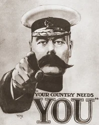 Den britiske rekrutteringsplakaten fra 1914 med Lord Kitchener og ordene «Ditt land trenger deg». Fra Historien om sytti betydningsfulle år, utgitt av Odhams Press i 1937.