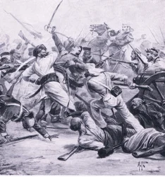 Nicholsons nederlag for opprørerne ved Najafgarh, 2. august 1857, illustrasjon fra British Battles on Land and Sea, 1915