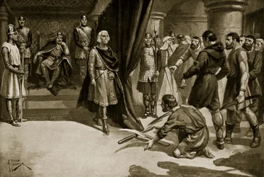 Bønder slenger ned plogskjærene sine ved føttene til Henry I, illustrasjon fra 'Hutchinson's Story of the British Nation', ca. 1920 (litho)