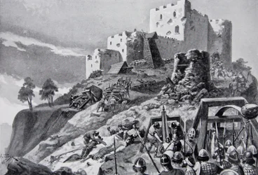 Det walisiske angrepet på Montgomery Castle i 1095 ledet av Cadwgan ap Bleddyn, Prince of Powys, illustrasjon fra 