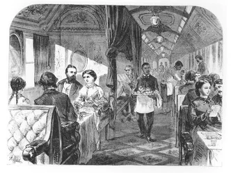 Palace Hotel-bilen til Union Pacific Railway, midten av 1800-tallet (gravering) (s/hvitt-bilde)