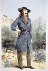 Det første publiserte bildet av 'Wild Bill' Hickok (1837-76) trykt i 'Harper's' magazine, februar 1867 (farge litho)