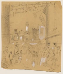 General Relief Committee Feeding the Hungry fra kjelleren i kongresshallen under Chicago-brannen i 1871 (blyant og kritt på papir)