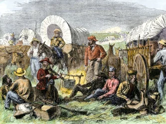 Historien om de vestlige erobrernes nybyggere: Amerikanske pionerer. Reisendes leir ved Nattens grav nær Diligences, USA. Fargerik gravering fra 1800-tallet.