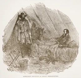 Longstreet Reporting ved Braggs hovedkvarter, fra en bokpub. 1896