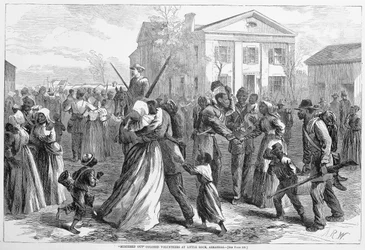 Mustered Out Colored frivillige på Little Rock, Arkansas, fra Harper's Weekly, pub. 1866.