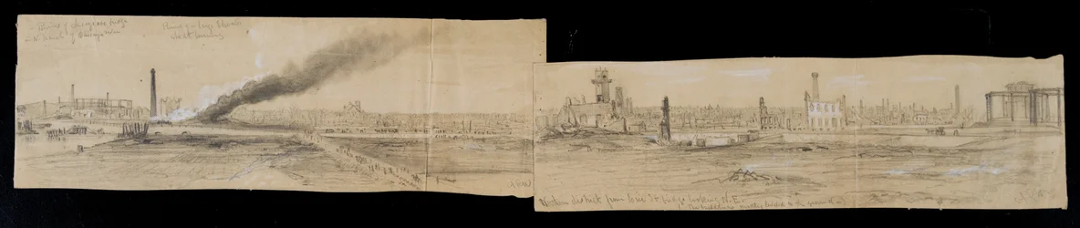 Det nordlige distriktet fra Erie Street Bridge, med utsikt mot øst, under Chicago-brannen i 1871 (blyant og kritt på papir)