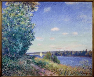 The Waterside Path et Sahurs-maleri av Alfred Sisley (1839-1899) 1894 Søn. 0,8x1 m Rouen, Museum of Fine Arts - Vannstien ved Sahurs. Maleri av Alfred Sisley (1839-1899)