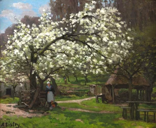 Vår, bondekvinne under blomstrende trær, ca. 1865