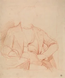 Studie for Portrait of Mr. Coleman: sittende foran, venstre hånd på hoften, høyre arm på bordet
