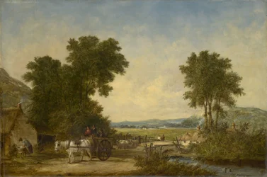 Skogkledd landlandskap med figurer i en vogn, ca. 1855