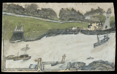 Havnescene med slott og fyrtårn (blyant og olje på kort)
