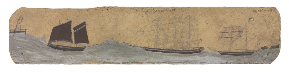 Lugger og to små seilskip som nærmer seg havnen, ca. 1855–1942 (olje og blyant på kort)