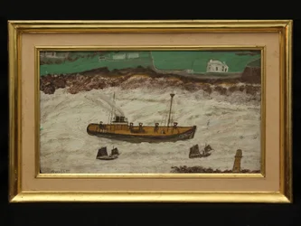 Tre båter mellom fyret og kysten, ca. 1930 (olje på kort)