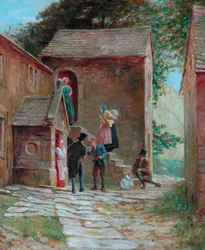 Utsikt over gården med figurer, Kilnhurst, Todmorden, ca. 1860