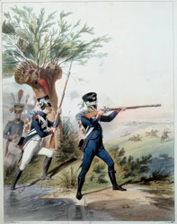 Napoleons hær: Imperial Guard. Gravering av Alfred De Marbot (1800-tallet) 1809. Malmaison, Slottsmuseet.