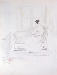 George Sand (1804-76), leste på en sofa ved siden av et vindu, 1833