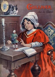 Gulliver i kjempene (Brobdingnag). Fortelling av Jonathan Swift (1667-1745). Illustrasjon av Vaccari og Carrey i "" Les beaux tales"" samling "" Nos loisirs""" rundt 1910. Privat samling.