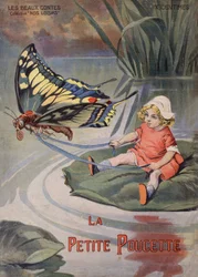 Den lille tommelen. En bitteliten jente som sitter på en vannlilje trekker etter en sommerfugl. Fortelling av Hans Christian Andersen (1805-1875). Illustrasjon av Vaccari og Carrey i "" Les beaux tales"" samling "" Nos loisirs""" rundt 1910. Privat samling