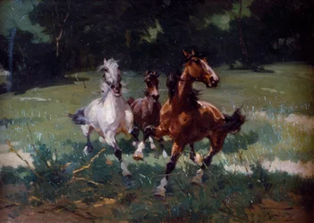 Running Horses, maleri av Alfredo Tominz (1854-1936), olje på papp, 67x48 cm, Italia