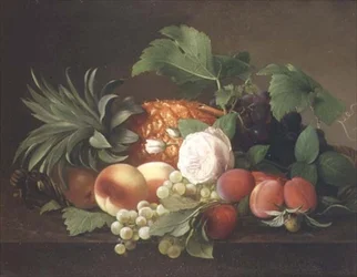 Stilleben med ananas, fersken, plommer og druer