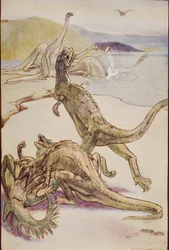En mesozoisk scene som viser Deinotheria, illustrasjon fra 'The Outline of History' av HG Wells, bind I, utgitt i 1920 (farge litho)